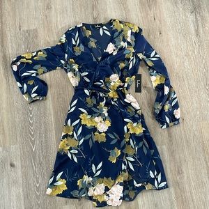 NWT Lulus Love is Life Navy Blue Floral Print Satin Wrap Dress